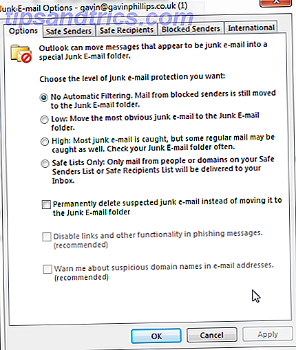 Outlook ongewenste e-mail FIlter-opties