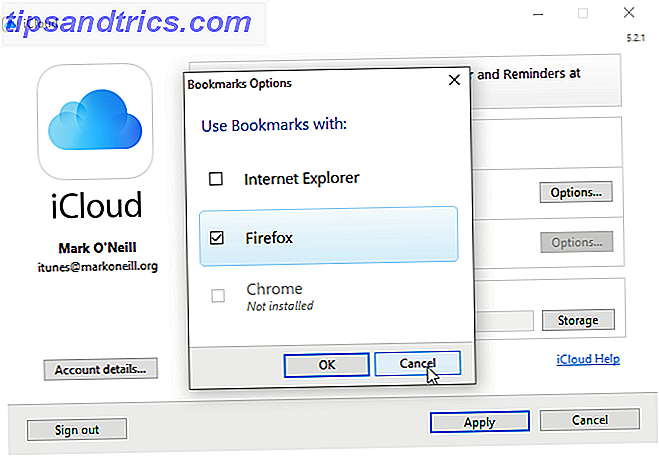 Capture d'écran des options de signets du panneau de configuration iCloud