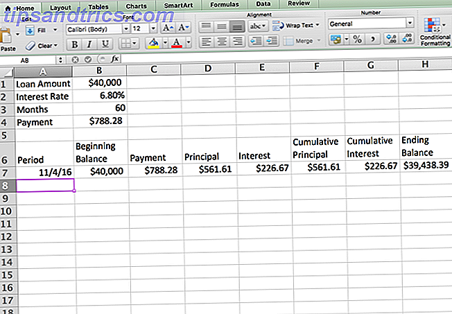 Excel Amortization Schedule - tabell första raden