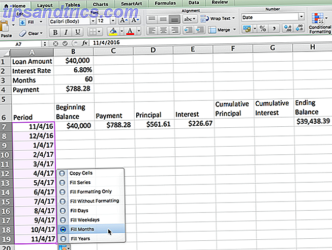 Programma di ammortamento di Excel - Opzioni di riempimento automatico