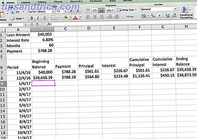 Excel Amortization Schedule - Table Second Row