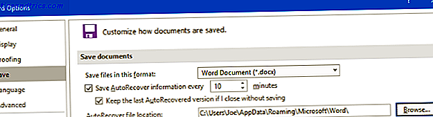 προσαρμόστε το Microsoft Word 2016 autorecover