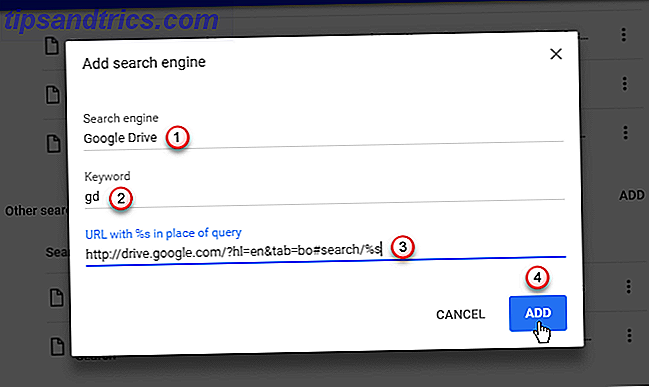 Tilføj søgemaskine dialogboks til Google Drev i Chrome