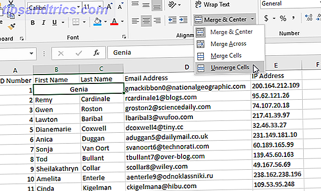 hvordan man fjerner cellerne i Excel - Unmerge Cells-knappen i Excel