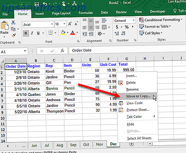Kopier eller flyt en Excel-regneark-faneblad