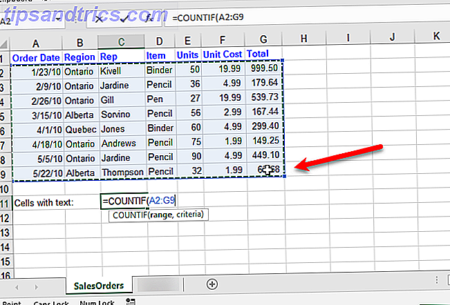 funzioni di testo Excel - Seleziona l'intervallo per la funzione CONTA.SE