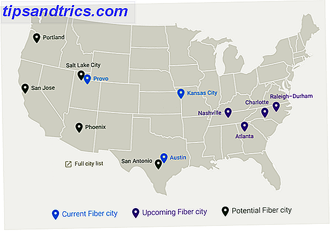 Een kaart van huidige en komende Amerikaanse steden met "Fiber to Home" van Google