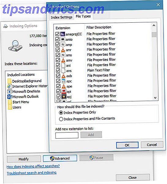 Ausschließen von Dateitypen aus Windows 10 Durchsuchen Sie Windows-Indexierungsoptionen