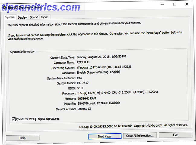 Herramienta de diagnóstico de DirectX en la captura de pantalla de Windows 10