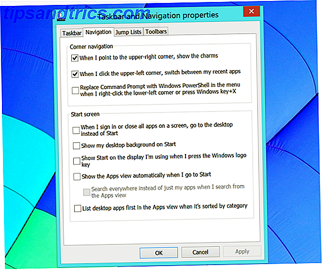 barra de tareas y propiedades de navegación de Windows 8.1